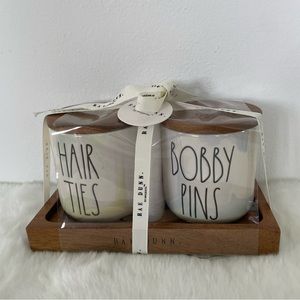 RAE DUNN Iridicent “Hair ties and Bobby pins” canister duo wood lid and base